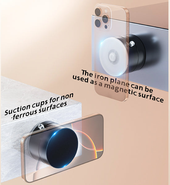 Phone stand with double-sided adhesive and magnetic properties on a beige background